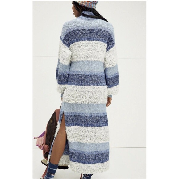 Free People Sweater Dress M Making Waves Blue Striped Eyelash-knit Granola Girl - Picture 2 of 13